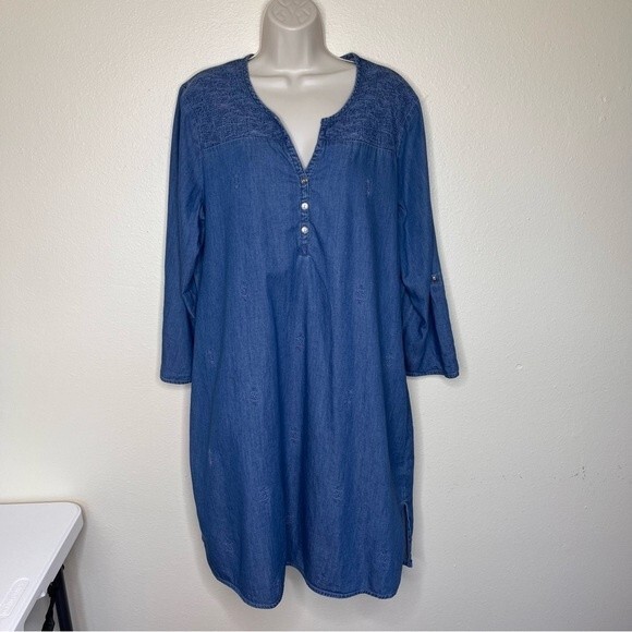Nurture Chambray Denim Roll Tab Sleeve Embroidered Blue Shift Dress Women XL - Picture 16 of 16